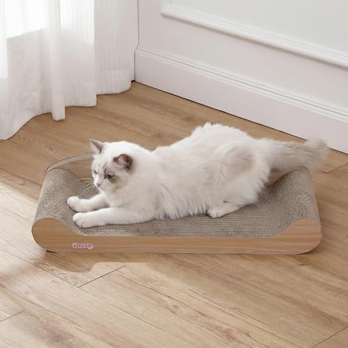 Image of Montego 27.5 inch Cardboard Cat Scratcher Lounge Bed, Corrugated Sofa Scratching Pad with Catnip, Oak Wood Finish Furniture Protector for Large Cats CSR1004C
