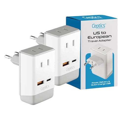 Image of Ceptics 2 Pack European Travel Plug Adapter, US to Europe Plug Adapter, 18W PD-QC 3.0, Dual USB & USB-C - 2 USA Socket - Compact - Use in Greece Italy Turkey Portugal - Type C Fast Charging (2-Pack)