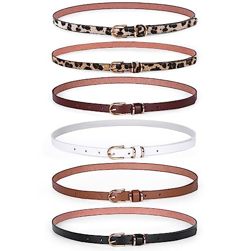 JASGOOD Women's Skinny PU Leather Belt Solid Color Leopard Fashion Thin Waist Belt with Gold Buckle for Jeans Pants 1/2 Width Set of 6