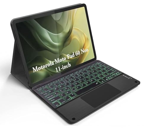 Image of HOM Tri-Fold 7-Colour Backlight Detachable Wireless Bluetooth Keyboard with Trackpad /Touchpad Tablet Cover Case for Motorola Moto Pad 60 Neo 11-inch 2025