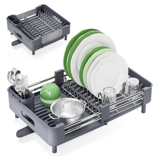 KINGRACK Escurreplatos, Escurridor de Platos Extensible, Escurreplatos Acero Inoxidable con Portacubiertos Extraíble, Escurridor de Platos para Fregadero Ajustable con caño de Drenaje, Gris