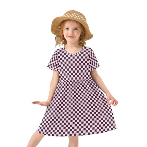 CaTaKu Girls Pink Black Checkered Dresses Toddler Summer Dress Short Sleeve Dresses for Girls Sundress 2-8T3