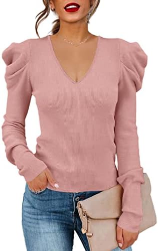 Amarmia Women's Puff Long Sleeve Knit Pullover Sweaters Casual V ...