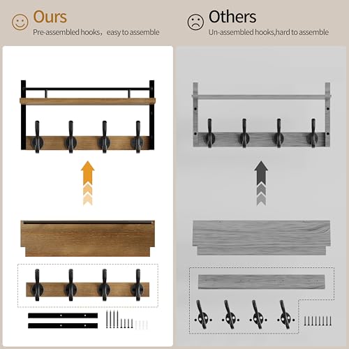 Image of 29 inch Coat Rack Wall Mount with Shelf, Entryway Wall Shelf with Hooks, Heavy Duty Coat Hanger Wall Mount with Key Holders and Mail Organizer for Living Room, Bedroom, Wooden Brown & Black