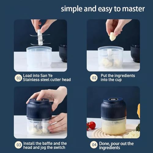 Picadora de ajo eléctrica – Mini picadora de verduras portátil inalámbrica con 4 cuchillas para ajo, verduras, cebolla, ensalada, jengibre y carne