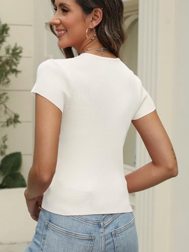 Image of Womens Short Sleeve Sweater Tops Crew Neck Button Casual Summer Sweaters Ribbed Knit Cropped Cardigans