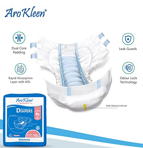 Image of AroKleen Overnight Adult Diapers Tape Style, Extra Large, 60 Count, Waist Size (127-170.18 cm | 50 inch-67 inch Inches) | 2X Absorbent, 16 Hour Protection, Wetness Indicator- Pack 6