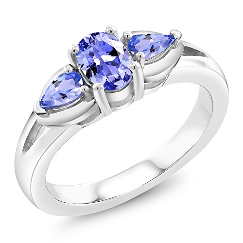 Gem Stone King 925 Sterling Silver Tanzanite 3-Stone Women Engagement Ring (0.85 Cttw, Oval and Pear Shape, Gemstone Birthstone, Available in size 5, 6, 7, 8, 9)