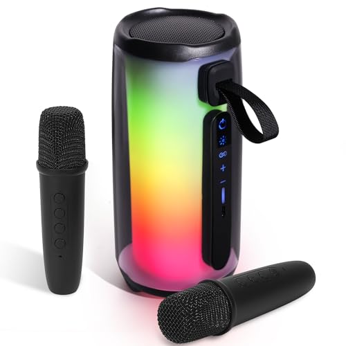 Karaoke Machine with 2 Wireless Microphones, Portable Bluetooth Speaker for Adults & Kids Singing, LED Lights Supports TWS/Bluetooth/TF/AUX/USB for Home Family Party Girls Boys Birthday Gift