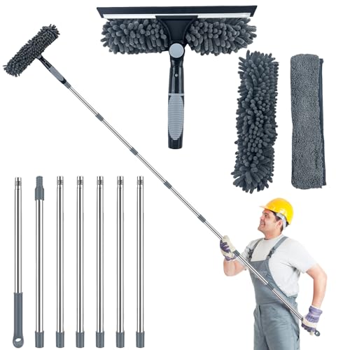 3M Fensterputzer Set, 2-in-1 Teleskop Fensterwischer 180° Drehbarer Bürstenkopf, Professioneller Fensterwischer mit Teleskopstiel, Fensterreiniger Set für Bad, Dusche, Glas, Auto, Fenster (Grau)