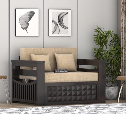 Image of Sheesham Wooden 2 Seater Sofa Cum Bed with Mattresses for Home Living Room | Rosewood 2 Seater Sofa Cums Bed for Bedroom Without Pillow | Solid Wood Sofa Bed (Walnut DB, 2 Seater)