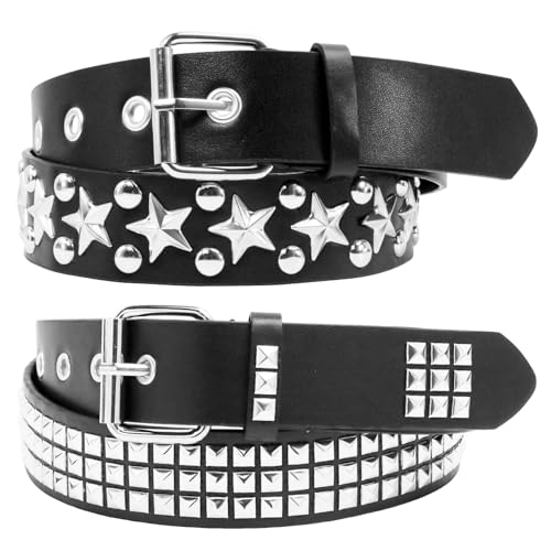 2 Pcs Black Studded Belt Set Y2K Star PU Leather Belt Gothic Punk Rock Belt with Metal Pyramid Grommets for Women Men
