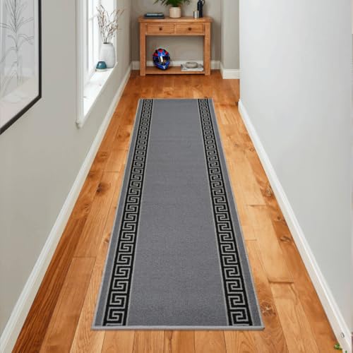 Extra-Long Custom Length Slip-Resistant Runner Rug with Low Pile Absorbent, Stain-Resistant, and Washable. Perfect for Entryways, Hallways, Kitchen 26 in x 24 ft, Meander Grey