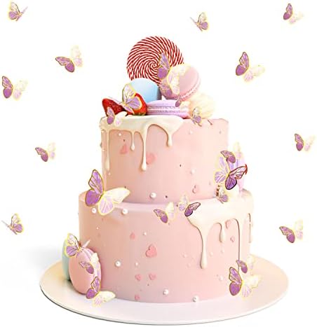 SUBTAVIK 30pcs Butterfly Cake Decorations Glitter 3D Butterfly Cupcake Toppers Mixed Size Butterfly Cupcake Toppers Purple Butterfly Cake Decorations for Birthday Cake Wedding Party Wall Decoration