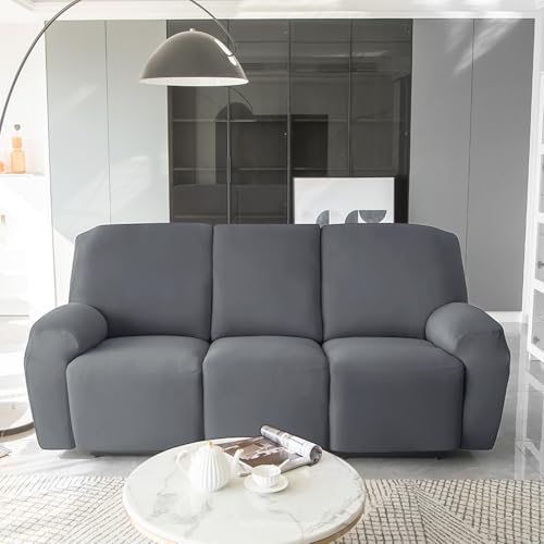 Image of HOKIPO 'SereneSolids' 140 GSM Recliner Stretch Sofa Slipcover 3 Seater Fully Covered 8-Piece Set Machine Washable Furniture Protector with Elasticity for Kids Pet, Grey (NEW2-4742-GRY)