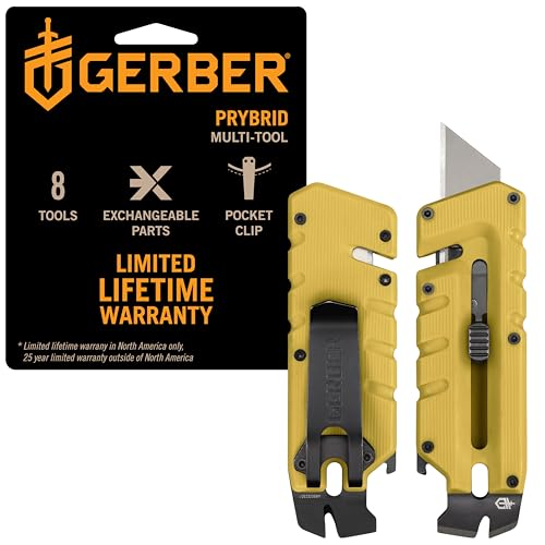 Image of Gerber Gear Prybrid Utility EDC Multitool Pocket Utility Knife, Razor Knife with Retractable Box Cutter Blade and Pry Bar, Mustard Yellow