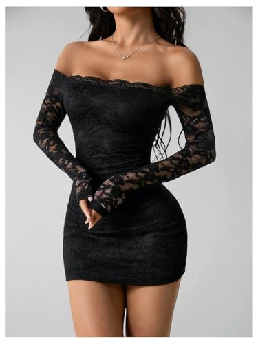 GORGLITTER Women's Lace Off The Shoulder Bodycon Mini Dress Elegant Classy Sexy Long Sleeves Night Out Party Fall Dress4