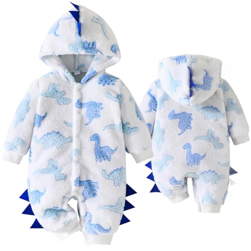 Yaopelky Bebé recém-nascido dinossauro Snowsuit macacão de uma peça com capuz para bebé macacão de desenhos animados inverno quente fato de lã, Branco
