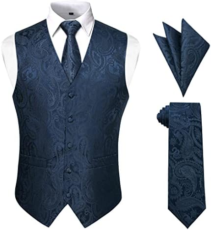 Enlision Men's Suit Vest Tie Set Navy Blue Paisley Floral Jacquard Waistcoat and Necktie Handkerchief Retro Formal Vest for Wedding Prom or Tuxedo