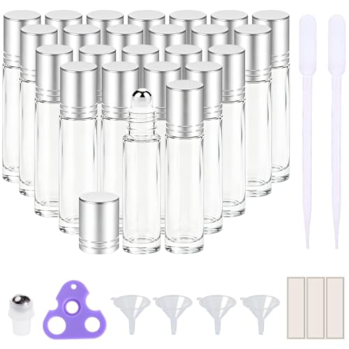 PrettyCare 24 Pack, 10 ml Essential Oil Roller Bottles with Stainless Steel Roller Ball - Refillable Leak-proof Empty Thick Clear Glass Roll on Bottles with Silver Caps for Travel, Perfume