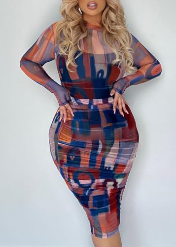 Image of MOEENCN Sexy Long Sleeve Midi Dress for Women Sheer Mesh Printed 2 Piece Skirt Set Crew Neck See Through Bodycon Party