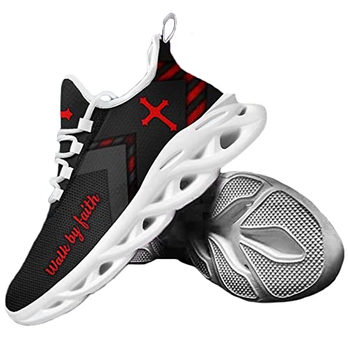 Walk by Faith Shoes for Men, Red Cross God Printed Sneaker, Faith Christian Running Tennis Walking Shoes, Gift for God Lover