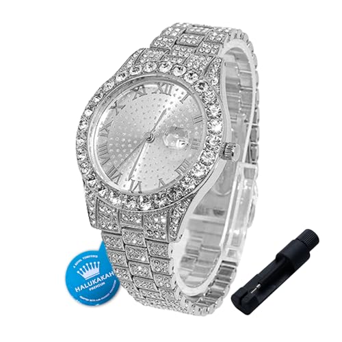 HALUKAKAH Montre en Or avec Diamants Iced Out pour Garçons,Ados,Enfants - Plaqué Platine,Cadran Rond 42mm,Quartz Japonais - Bracelet Réglable 20cm,avec...