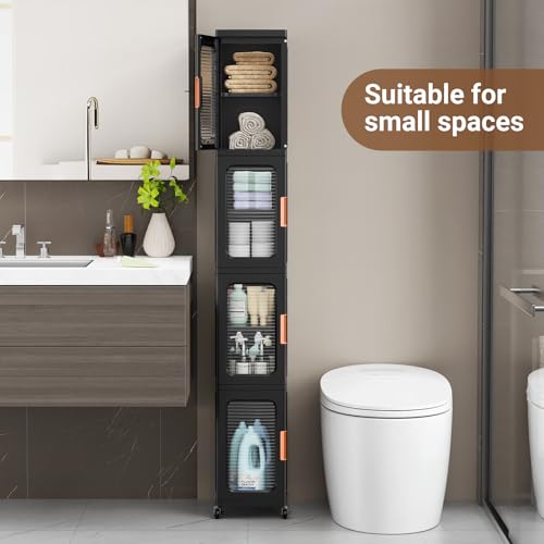 Image of BROVIEW 3-Tier Tall Narrow Storage Cabinet Organizer, Slim Bathroom Cabinets with Adjustable Shelves and Doors, Plastic Kitchen Pantry Organizers and Storages for Small Space, Laundry, Black