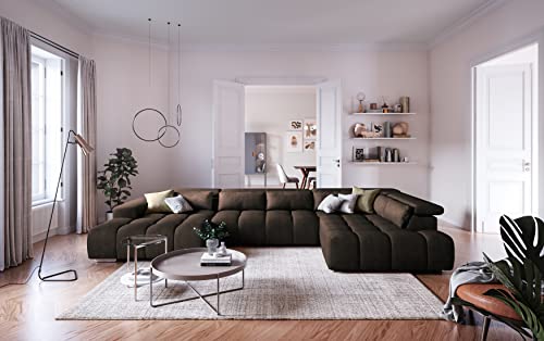 Mivano Wohnlandschaft Orion / Riesige Couch in U-Form inkl. XL-Recamiere und Kopfteilfunktion / 409 x 73 x 225 / Velours, Braun – Bild 3