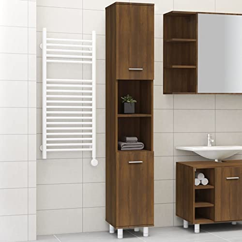 Homgoday Armario de baño de roble marrón con 6 compartimentos y 2 puertas, mueble de suelo independiente, aparador de suelo, mueble de almacenamiento, estantes de 30 x 30 x 179 cm, de madera multicapa