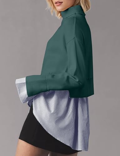 Image of Turtleneck Asymmetrical Sweaters for Women Patchwork 2 in 1 Pullover Knit Sweater Slit Button Down Shirt 2026 Fall