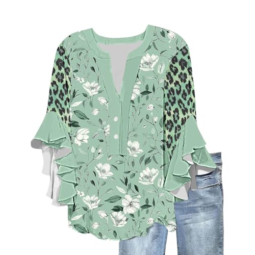Ladies Top Boho Blouse V Neck Button Up Pullover Work Clothes Floral Printing Ruffle 3/4 Sleeve Leopard Print Patchwork Loose Tees Tunic Activewear Ladies Tshirt