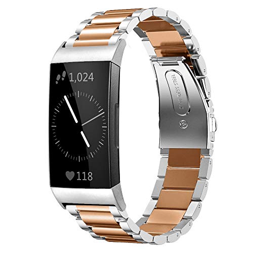 Shangpule Compatible for Fitbit Charge 3 / Fitbit Charge 4 / Fitbit Charge 3 SE Bands, Stainless Steel Metal Replacement Strap Bracelet Wrist Band Large Small (Silver/Rose Gold)