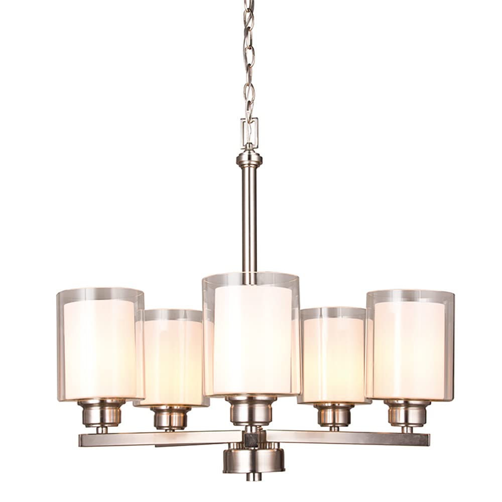 Design House 567198 Oslo Traditional 5-Light Indoor Dimmable Chandelier with Double Glass Shades for Entryway Foyer Dining Room, Satin Nickel (missing 1 glass shade)(caution may still be glass shards in box)