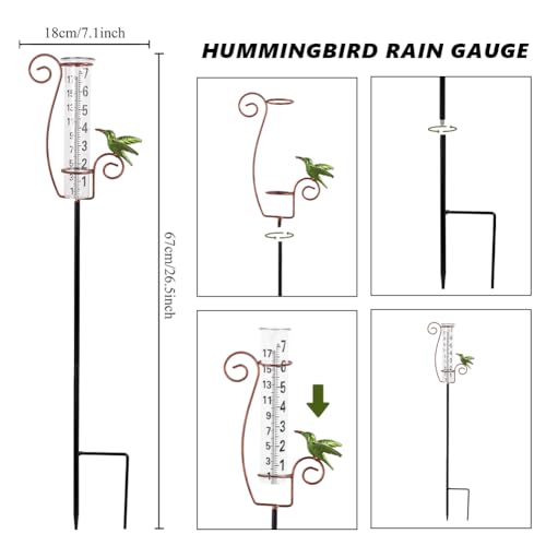 Rain Gauge Outdoor,Hummingbird Rain Gauges,Glass Decorative Rain Guage with Metal Stake for Garden Yard Lawn Decor