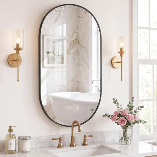 Image of Sweetcrispy 24 inch x 36 inch Black Bathroom Mirror for Wall, Oval Wall Mirror with Metal Frame, Tempered Glass, Modern Vanity Mirror for Over Sink, Living Room, Bedroom, Entryway, Horizontal or Vertical