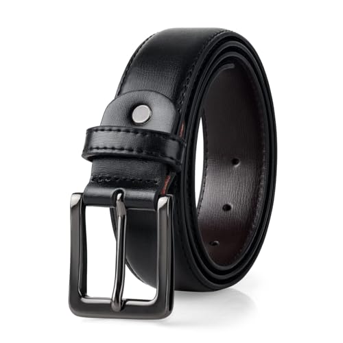 maikun Mens Black Leather Belt, Casual Dress Belts For Men, Classic Design, Black Buckle Length 41''