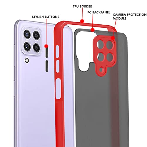 Image of TheGiftKart Smoked Translucent Protective Hard Back Case Cover for Samsung Galaxy A22 4G (TPU & PC | Red Bumper)