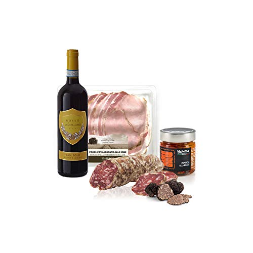 Kit de aperitivo 'Sapori toscani' con vino tinto Rosso di Montalcino DOC, Porchetta, Salami con trufa, Pimientos asados en aceite de oliva virgen extra, Salumi Pasini