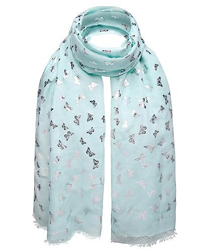 Basic Sense Butterfly Scarf Oversized Metallic Foil Print Cover Up Shawl Frayed Edge, Mint