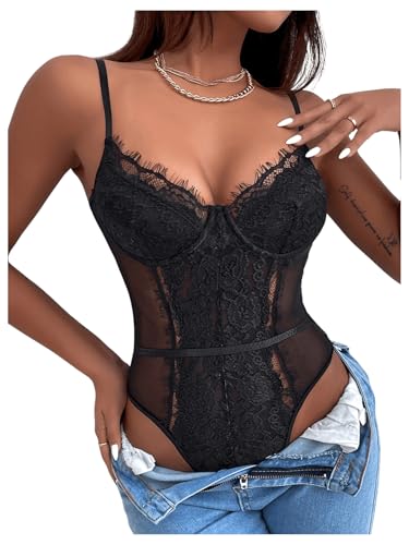 SHENHE Women's Floral Lace Spaghetti Strap Sheer Mesh Sleeveless Cami Bodysuit Tops