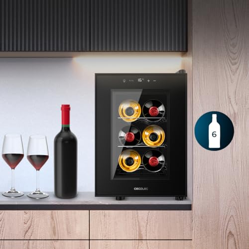 Cecotec Bolero GrandSommelier 600 CoolCrystal E, Weinkühlschrank, Kapazität 6 Flaschen, Metallregale, Touch-Steuerung, Temperatur 8 bis 18 °C, Schwarz