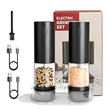 XXFLOWER Electric Pepper and Salt Grinder 2 Pack, USB Rechargeable Automatic Stainless Steel Pepper Mill with LED Light (Black)