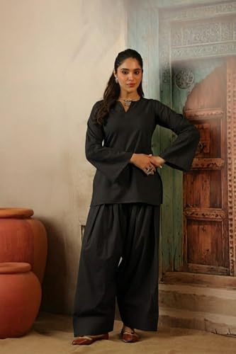 Image of REAM Women's Cotton Sleeveless Kurti and Farshi Salwar Set, Black, Ethnic Wear, Casual and Festive