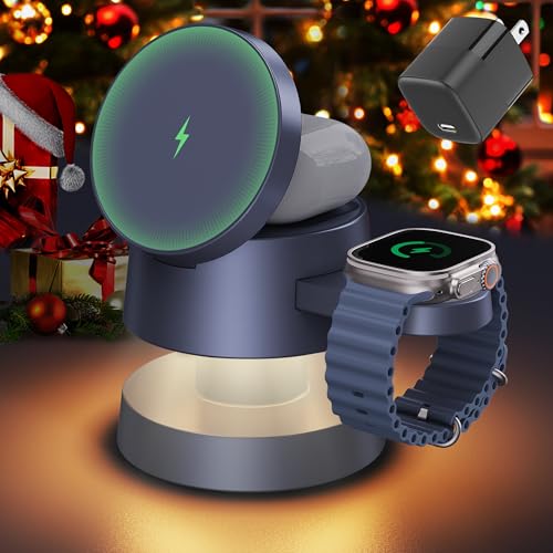 iVANKY 4 in 1 Qi2 Certified 15W MagSafe Wireless Charger Station with Night Light, 3 in 1 Fast Charging Stand for iPhone 17e/17/16/15/14/13 Pro Max Air, Apple Watch, Airpods（Includes 33W Ada