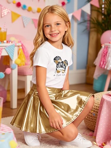 Image of Betusline Girls 2 Piece Outfits Short Sleeve Crop Top and Metallic Skater Skirt Set for Kids Dance Party Tennis, 4-14Y