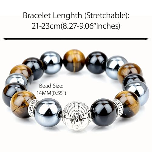 Large 14mm Tiger's Eye Obsidian Hematite Triple Protection Bracelet - Lucky Spacers Unisex Stretch Bracelet, Blessing Healing Jewelry, Great Gift Choice for Parents/Partners/Employees3