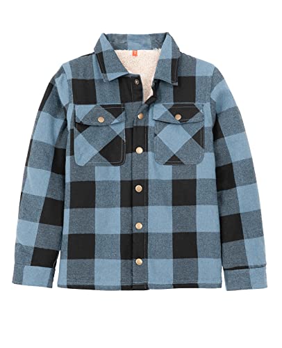 Big Kids Boys Flannel Shirt Jacket Sherpa Fleece Lined Buffalo Plaid Flannel Jackets Thick Shacket Blue Blk XL Size 14-16