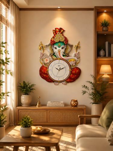 Image of Ajanta Wall Clock 33 x 30 cm, Decorative MDF Wooden Clock, Printed Ganesha God Design, Tic-TOC Movement for Home Decor