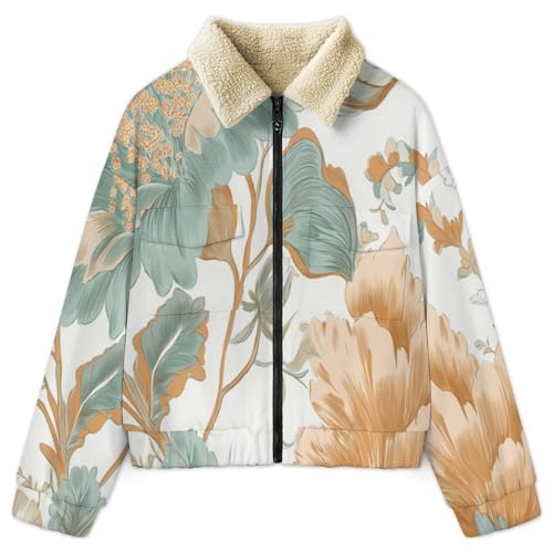 Chaqueta de peluche mujer abrigo invierno sherpa cremallera bolsillos flores 3